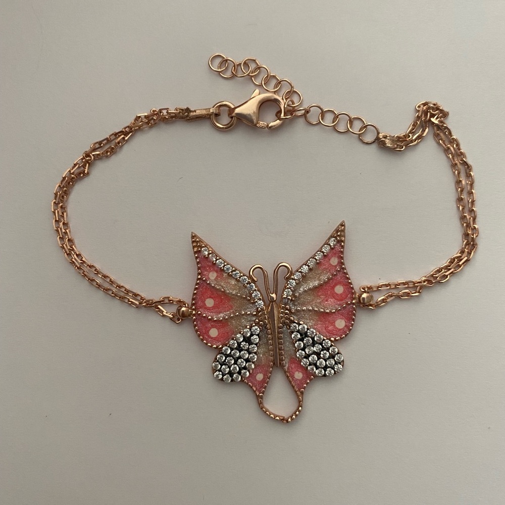 🦋Handmade 925 silver pink butterfly enamel cz stone bracelet 14 rose gold plated